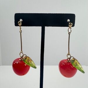 18K Gold Plated Fruit Earring 3D Leaf Red Cherry Charm Tassel Dangle Drop Studs